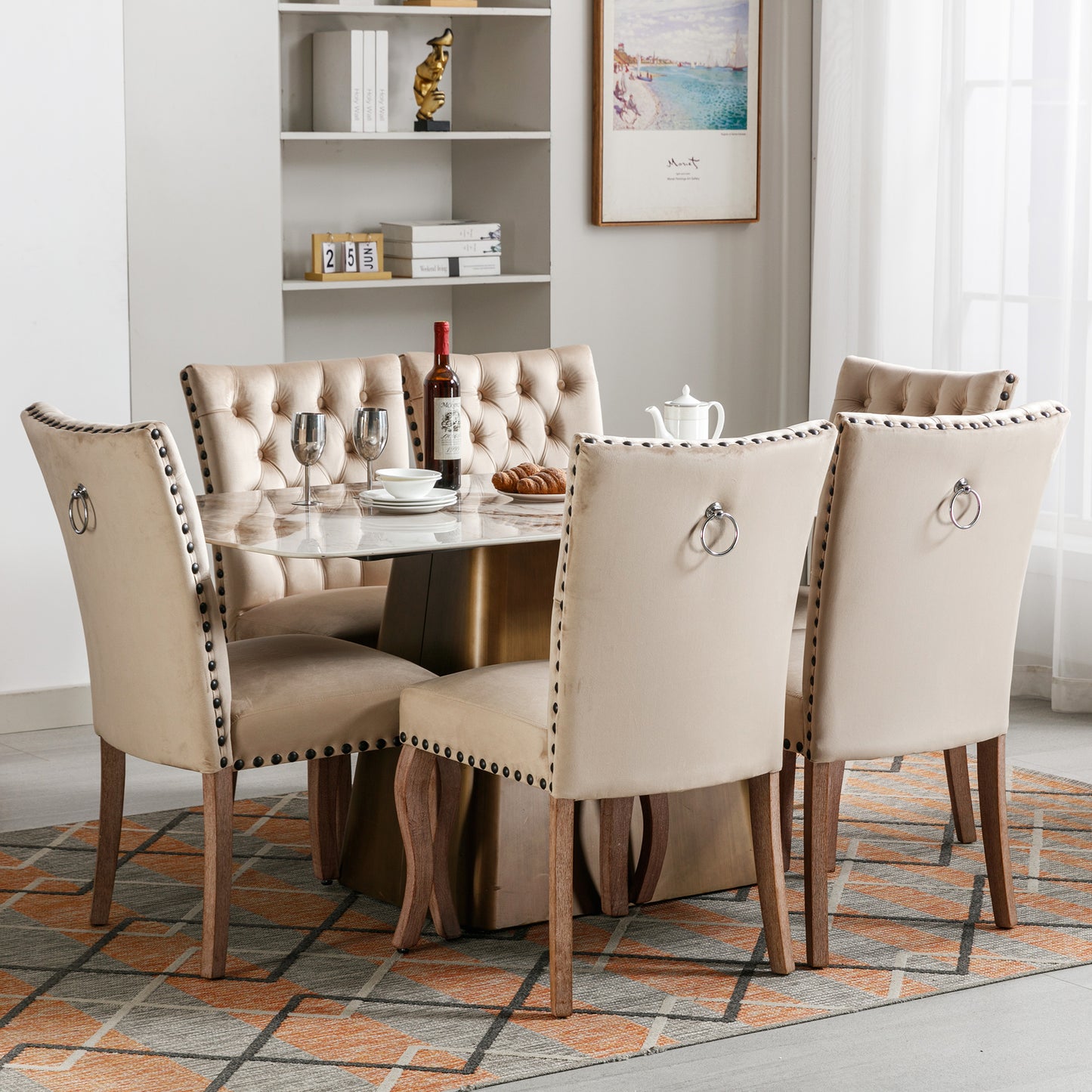 Dining Chair Kitchen Chair Living Room Chair With Unique Door Clamp On The Back, 6 Pieces, Upholstered Chair With Nail Head Occupation, Legs Made Of Solid Wood, Velvet Cover, Light C Amel