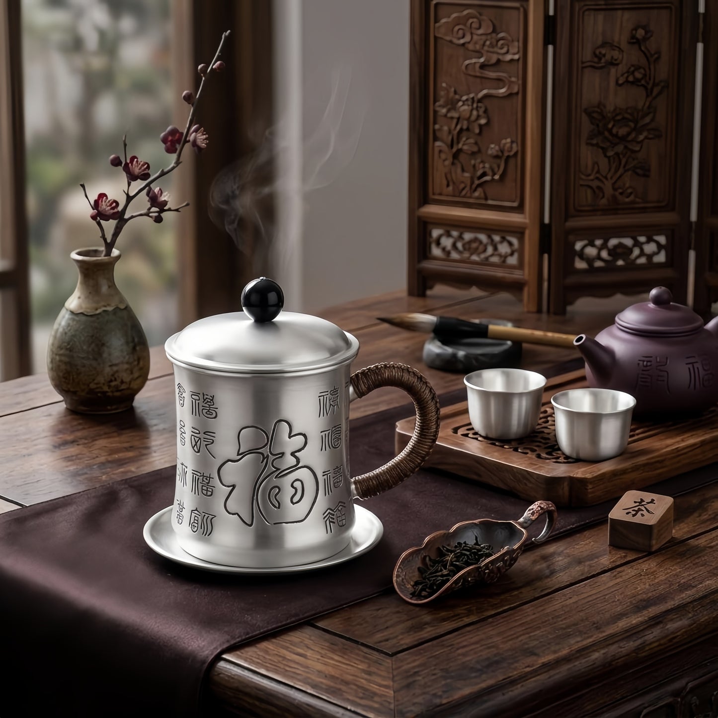 925 Sterling Silver Traditional Silver Finish Tea Mug with Blessing Characters and Rattan Wrapped Handle - Handicraft