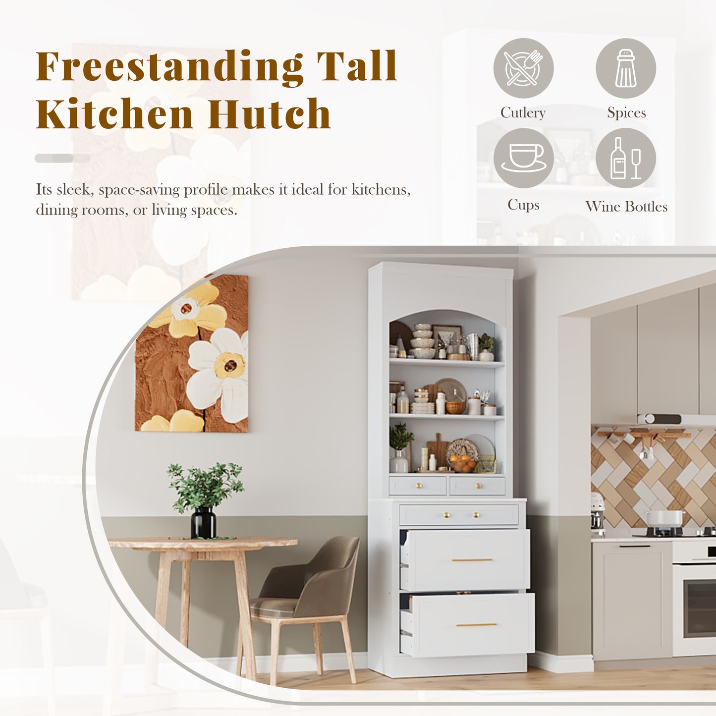 TOPMAx Modern 83.7inch High Kitchen Pantry  Freestanding Tall Kitchen Hutch With Faux Marble Top  Display Cupboard Cabinet With 5 Storage Drawers And Adjustable Shelf  White
