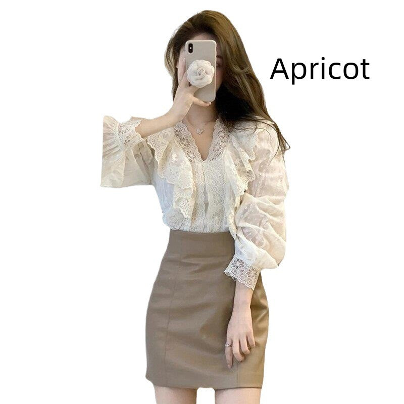 Korean-style Womens Lace Ruffled Puff Sleeves