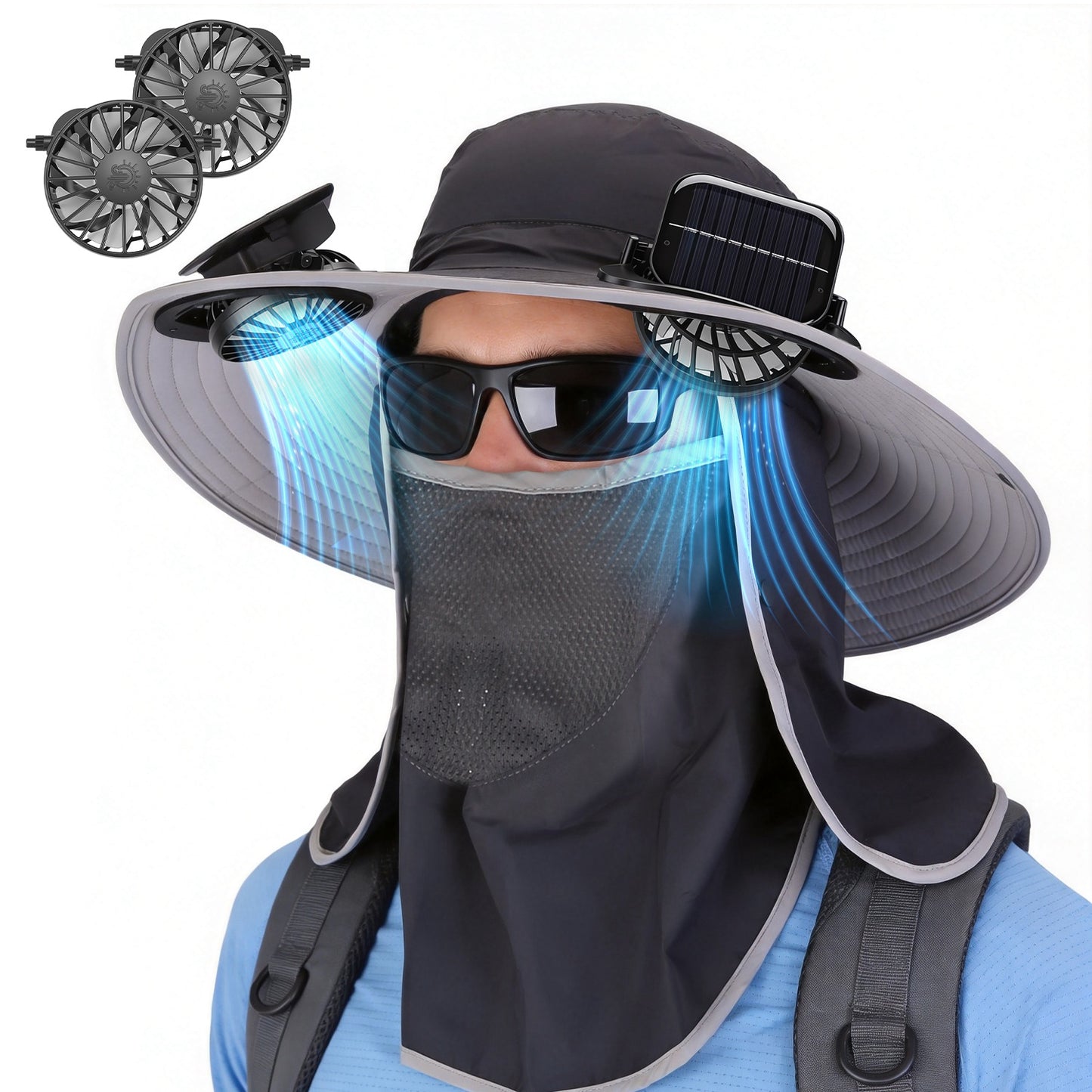 1Pc 2 In 1 Solar Fan Hat UPF50 Sun Hat With Fans Wide Brim Fishing Hat With Face Cover Neck Flap Solar USB Charging For Hiking Gardening Outdoor Work