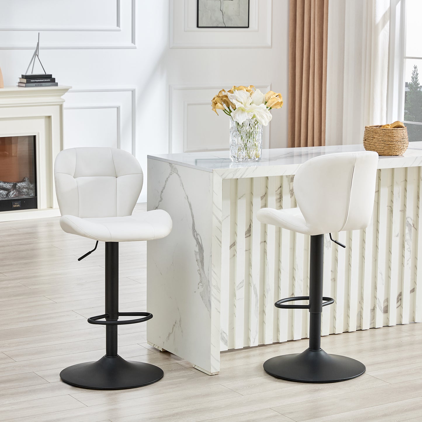 Set Of 2 Height Adjustable Bar Stools, White PU Upholstered Tufted Back Chairs With Black Metal Base & Footrest For Kitchen Island, Bar, Pub