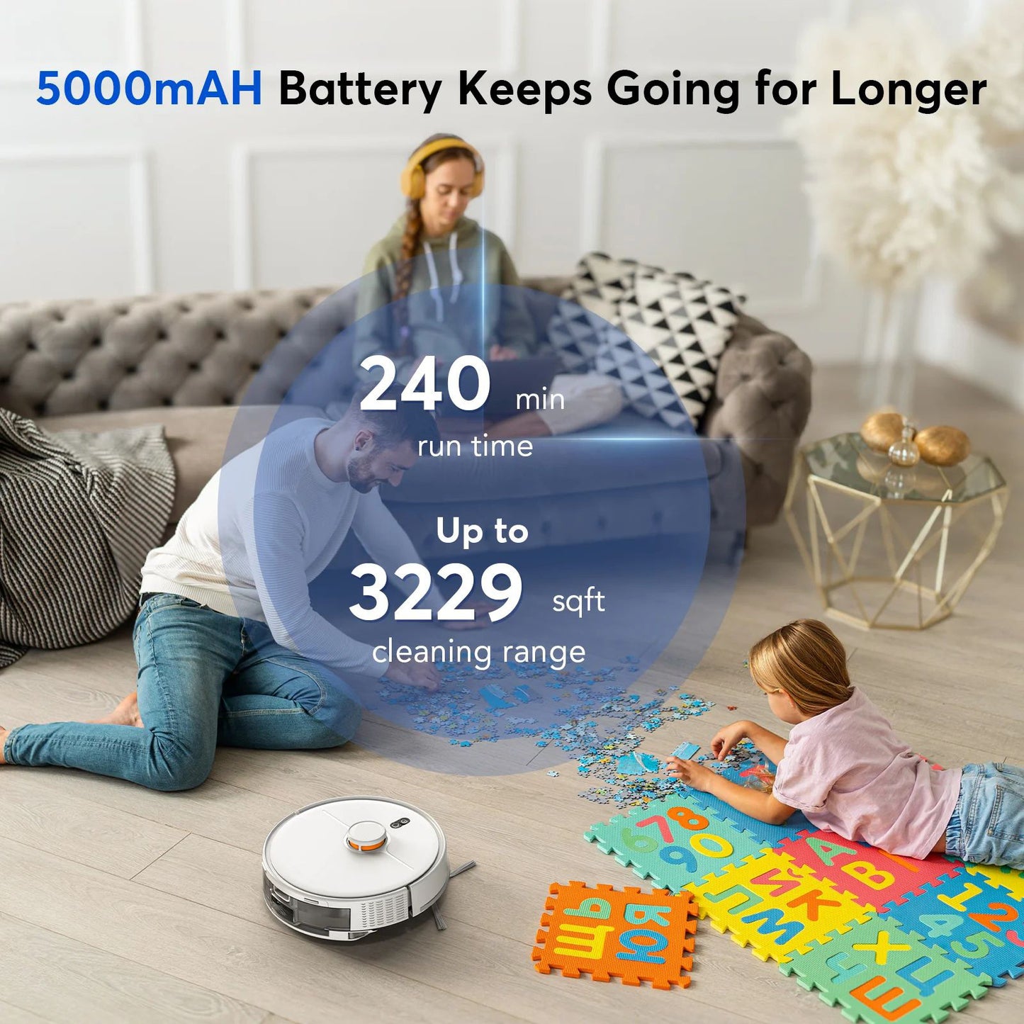 L21m PLUS Pet-Friendly Robot Vacuum Cleaner, TPU Rubber-Bristle Brush 6000Pa Powerful Suction, 3.0L Large Dust Bag, LiDAR Mapping, Auto Resume Cleaning For Home With Dogs Cats