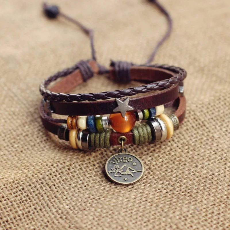 1pcs Multi-Layer Braided Leather Wooden Bead Star Zodiac Charm Adjustable Bracelet, Retro Boho Ethnic Style, For Men Women Daily Campus Travel & Constellation Holiday Gifts