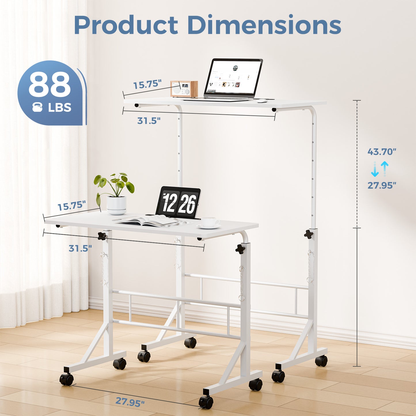 31.5-inch Adjustable-height Mobile Desk, Equipped With Locking Wheels And Clasps, Suitable For Mobile Desks And Active Home Offices