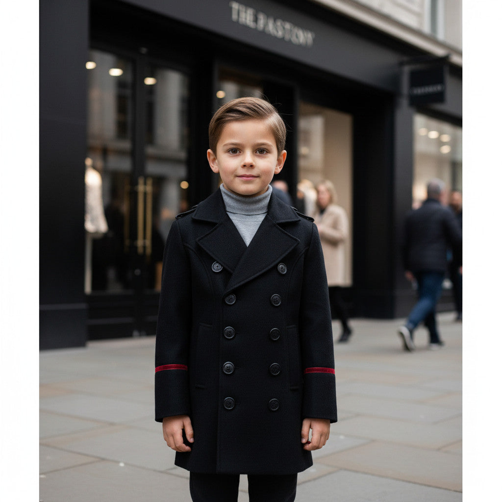 Boys Black Smart Casual Cashmere Coat Green Military Style Woolen Jacket  3-9Y