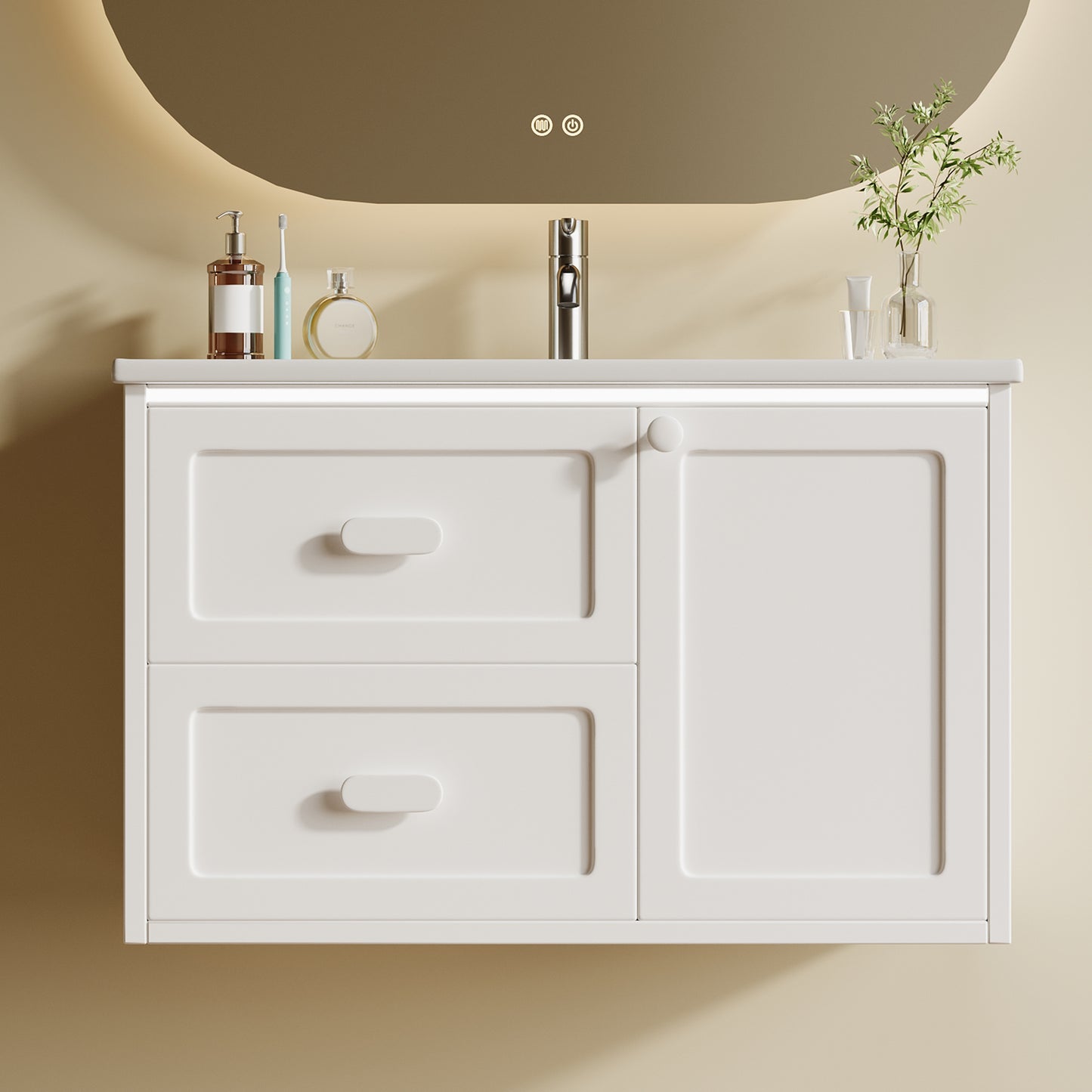 76x46x51cm Bathroom Wall Cabinet, Fully Painted, LED R Adar Sensor Lighting, Two Drawers, Quiet Sliding Rails, Integrated Washbasin, White