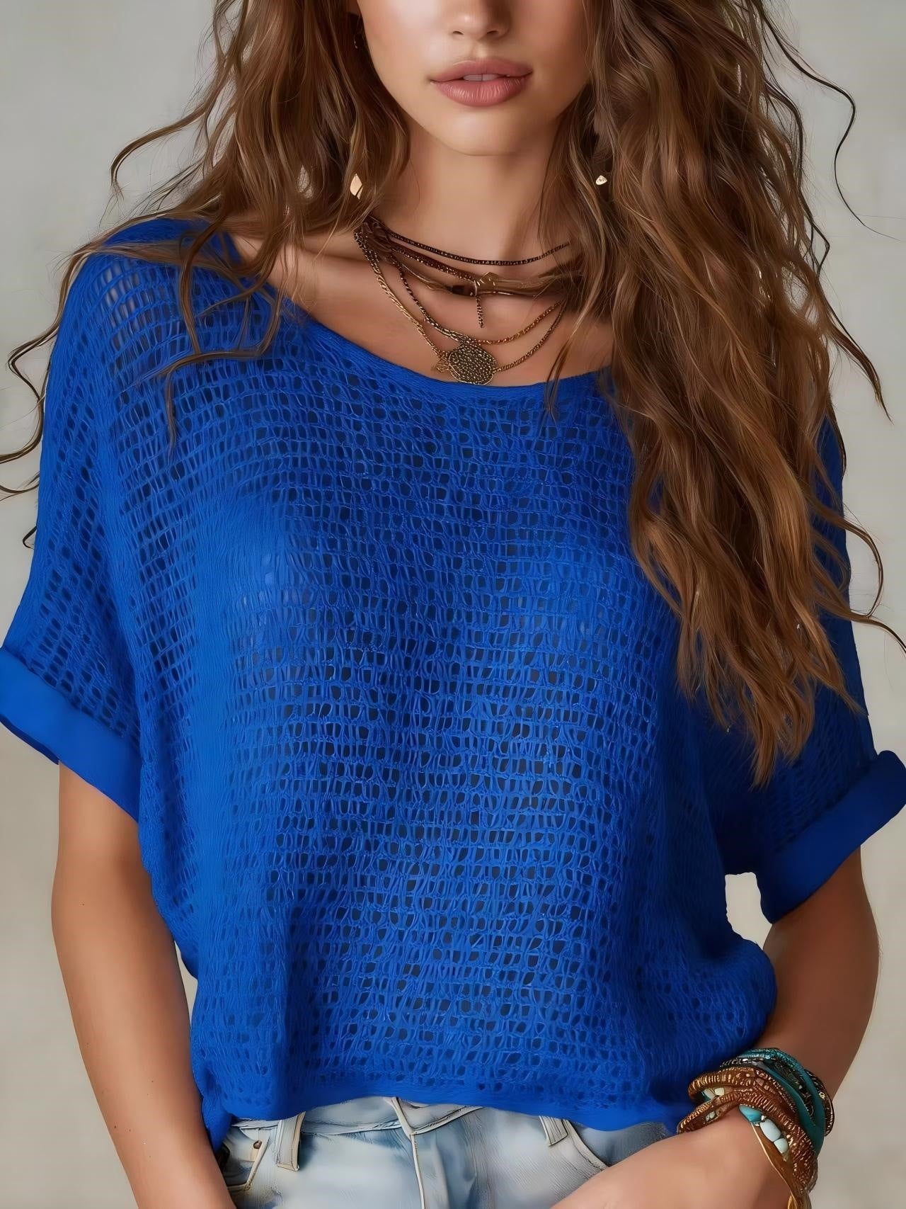 New Womens Bohemian Crochet-knit Solid-color Short-sleeve Sweater