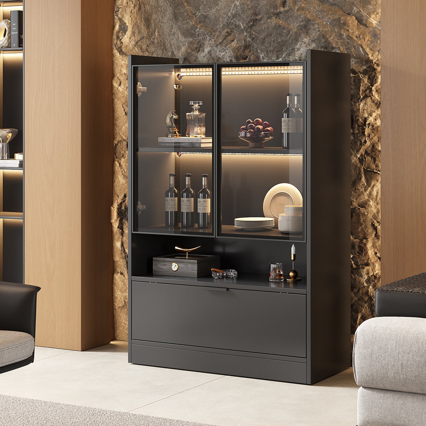 Modern LED Display Cabinet Black Matt Height 120cm With App LED Lighting, Glass Display Cabinet Standing Display Case With Lighting, Living Room Cabinet With Glass Doors And Hinged Door, Chipboard Dis