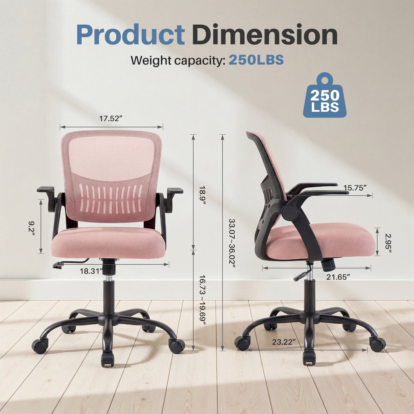The Flip-up Armrest Fabric Computer Desk Chair With Adjustable Rotating Backrest Offers Comfortable Lumbar Support.