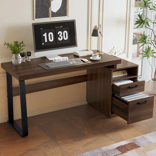 135x54cm Modern Minimalist Style Desk, MDF Desk Top With High Quality Steel Tube, Super Resilient, Multifunctional Storage Design, Noiseless Drawer, Folder Locker