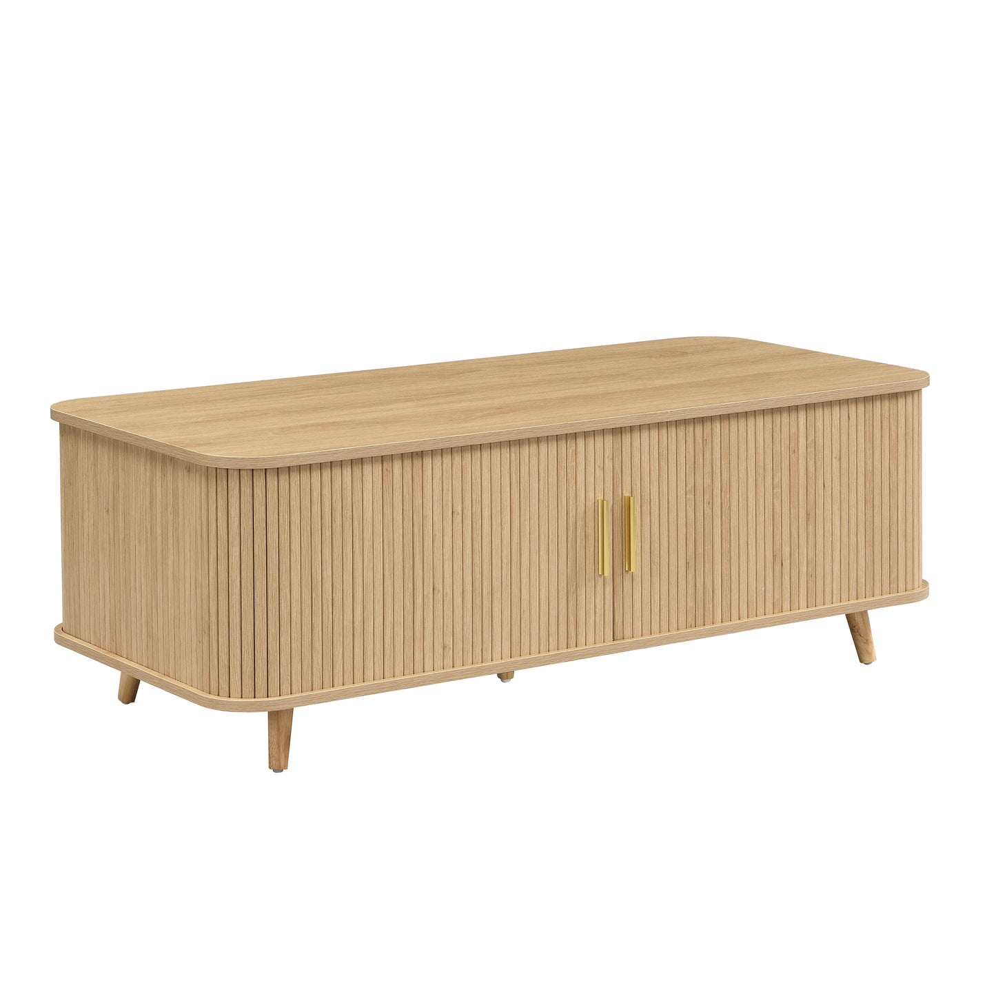Modern Mid-Century Coffee Table With Storage Natural Wood Finish, 4 Open Shelves & 2 Doors, For Living Room, Entertainment Center, Home Theater