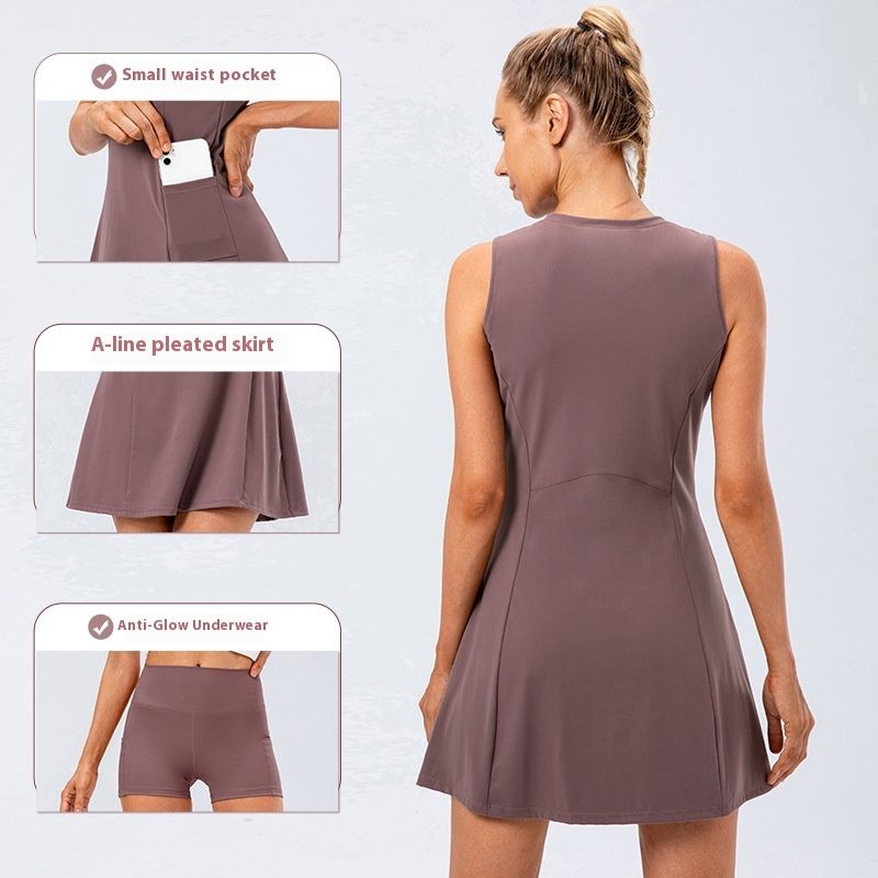 One-piece Tennis Skirt Yoga Fitness Brocade Nude Feel Breathable Safety Leisure Golf Short Skirt Two-piece Suit