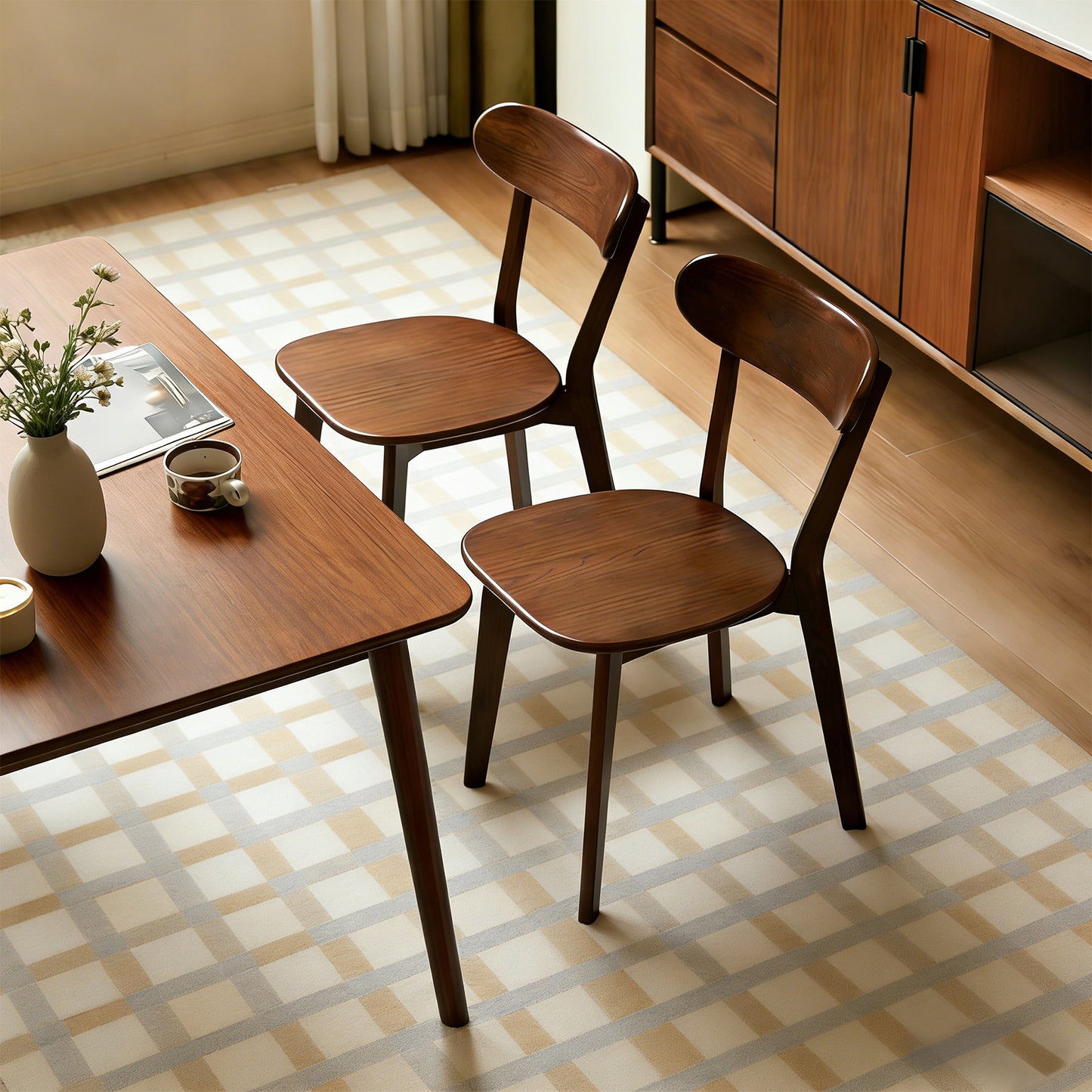 Natural Solid Wood Dining Chairs Set Of 2, Mid Century Modern Dining Chairs With Curved Backrest, Kitchen Chair With Adjustable Foot Pads For Dining Room, Kitchen, Living Room, Study, Walnut