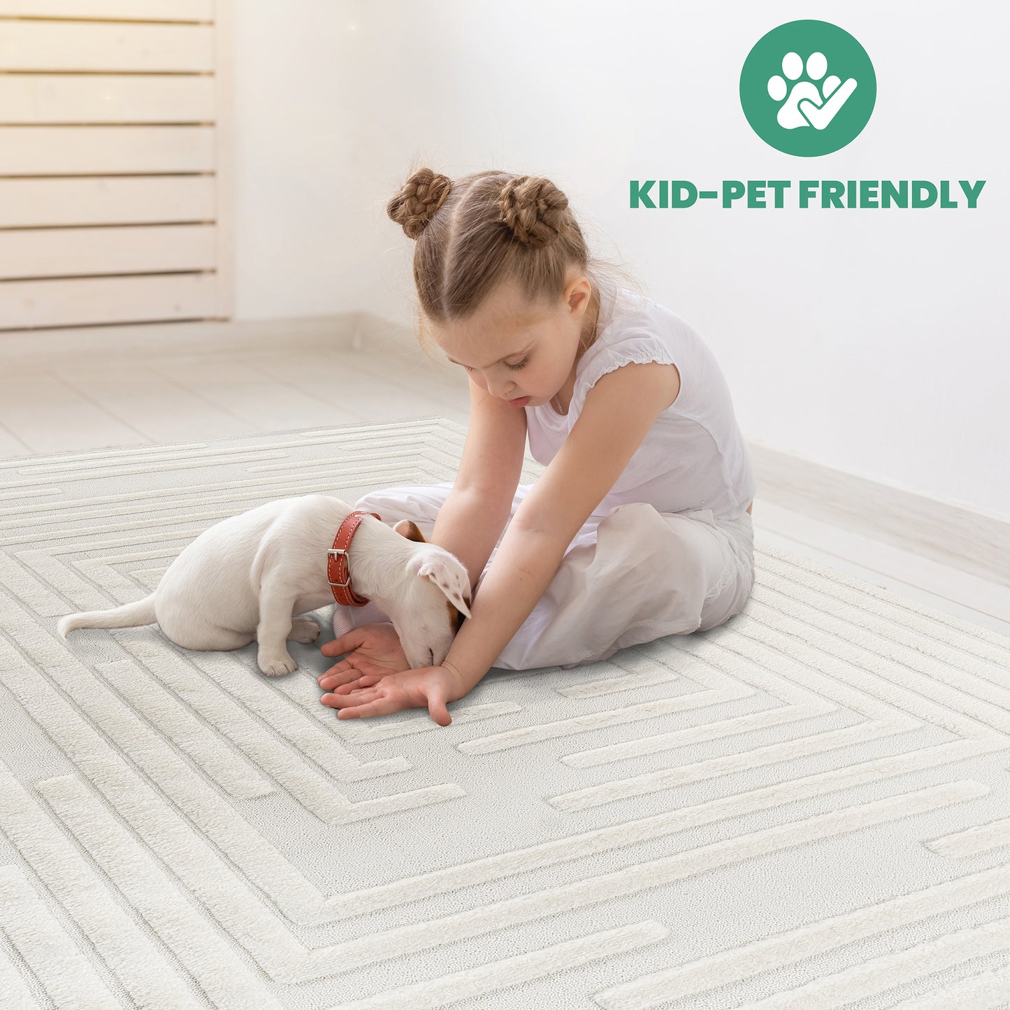 Step Collection High-Low Striped Cream Indoor Area Rug, 7'9''x10', Modern, Contemporary, Geometric, Bohemian, Bedroom, Kitchen, Living Room, Non Shedding Carpet