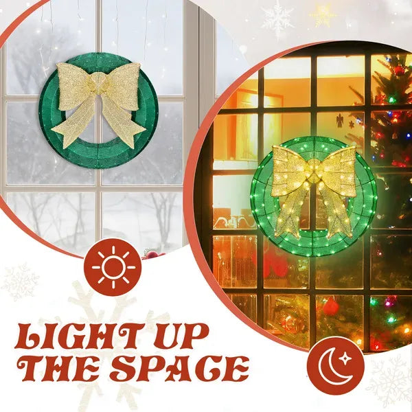 24in Pre-lit Outdoor Christmas Wreath Decoration, Lighted Metal Wreath With Golden Bow, Green And Warm White LED Lights, For Front Door Gate Wall Indoor Outdoor Holiday Party