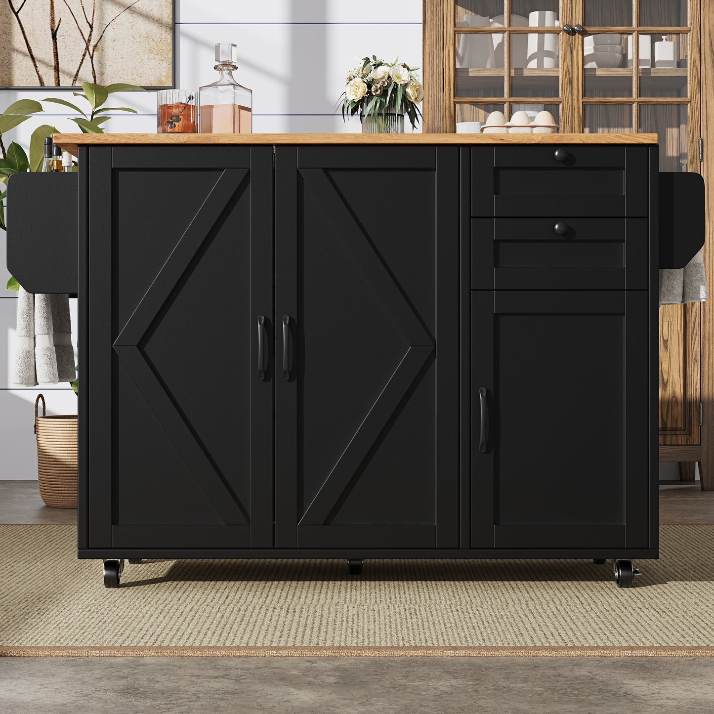 Modern Kitchen Island, Kitchen Cabinet, Sideboard, Food Trolley With Wood Grain, Buffet Cabinet, Multifunctional Dining Table With Storage Space, Food Trolley With Snack Shelves, Black