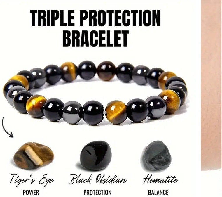 Triple Protection Bracelet, 2 Pieces Black Obsidian Tiger's Eye Stone Hematite Bracelet, Natural Tiger's Eye Bracelet Good Luck Bracelet Gift For Him Friend Husband Father