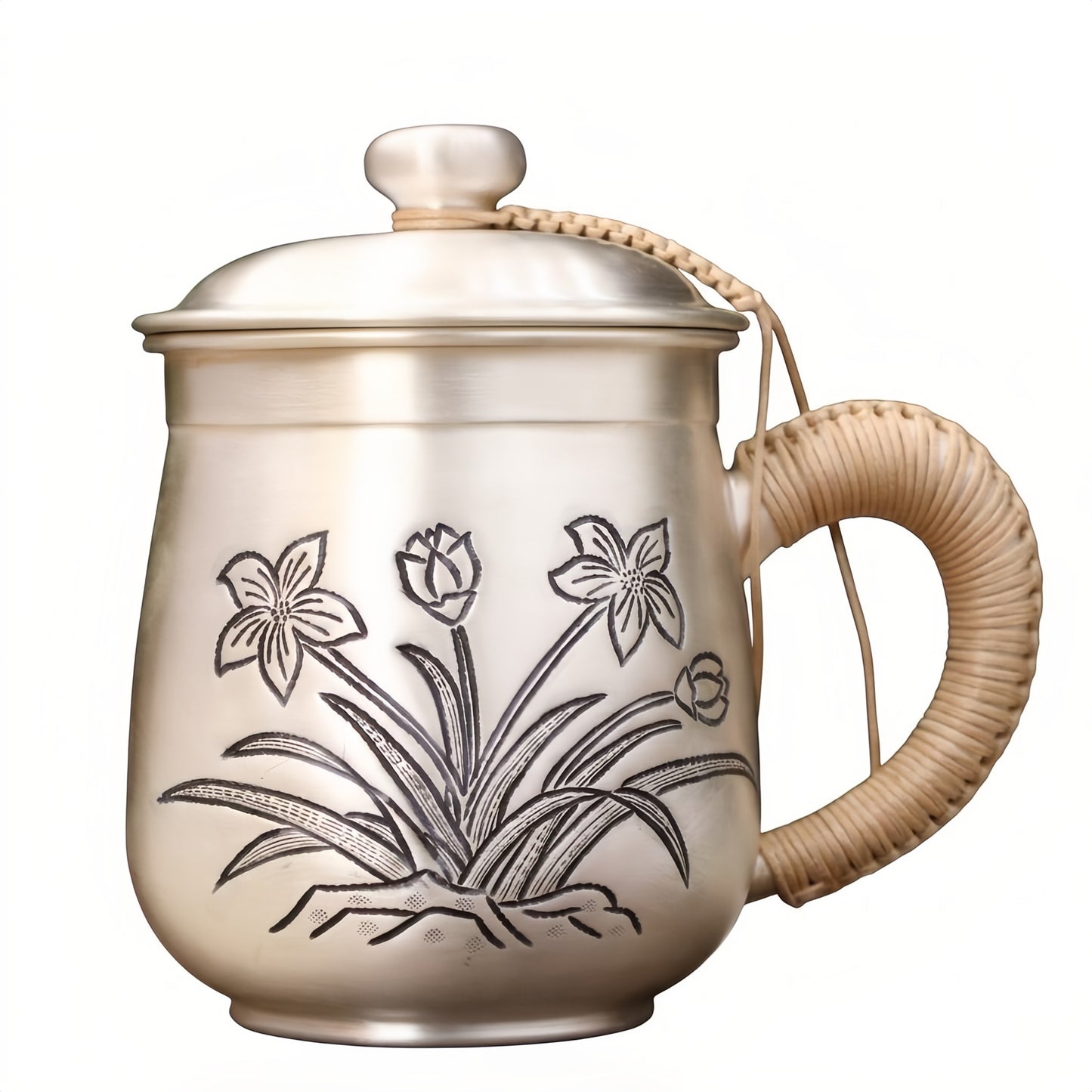 Pure 999 Fine Silver Handcrafted Silver-Tone Tea Mug with Floral Engravings and Woven Rattan Handle - Handicraft
