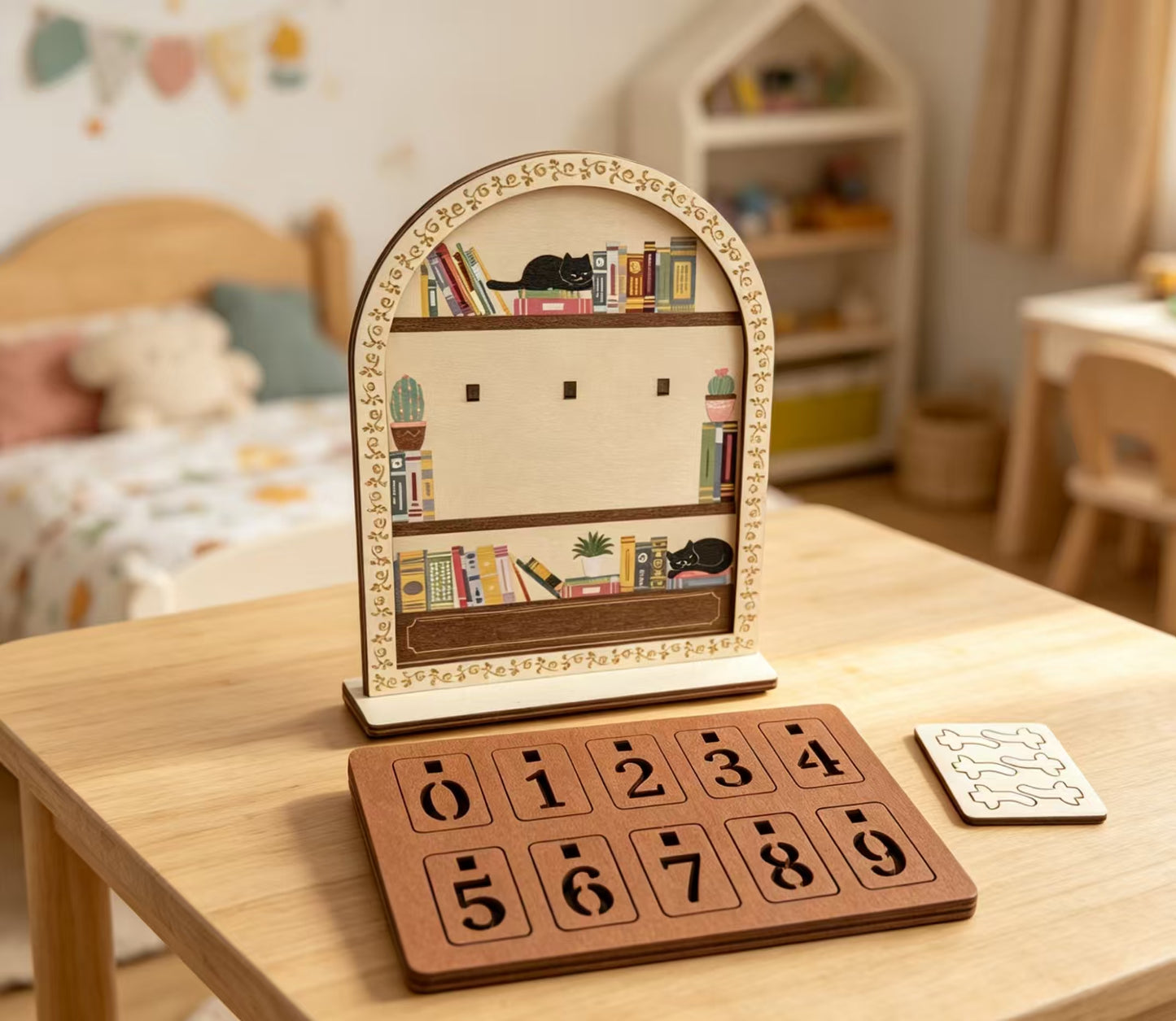 Wooden Black Cat Bookshelf Reading Tracker, Reusable Number Reading Counter, Desk Decor Book Log Perpetual Calendar