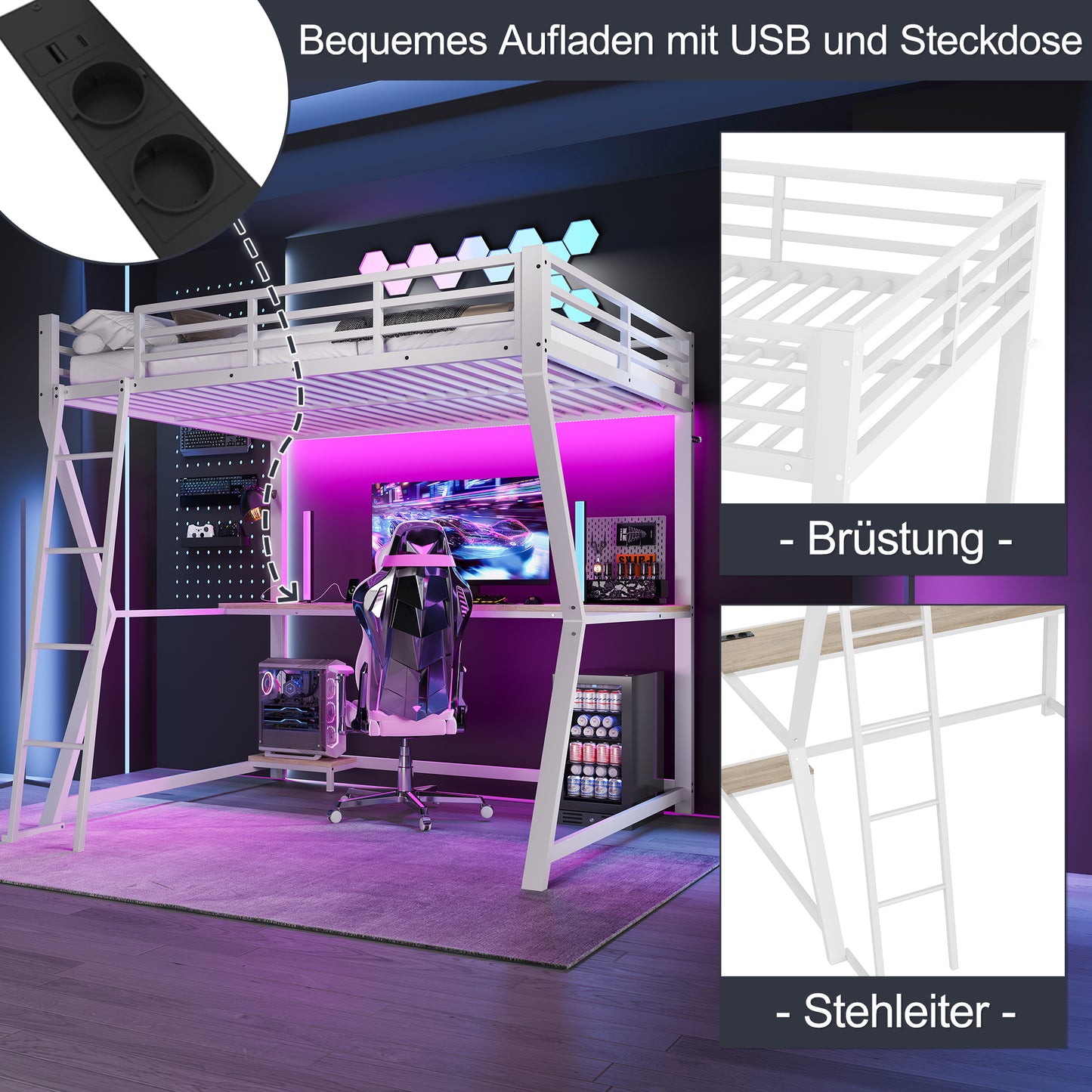 Loft Bed, 140x200cm, With LED Lights, Computer Console Shelf, Desk, Socket USB, Railing, Stairs, Without Mattress, White