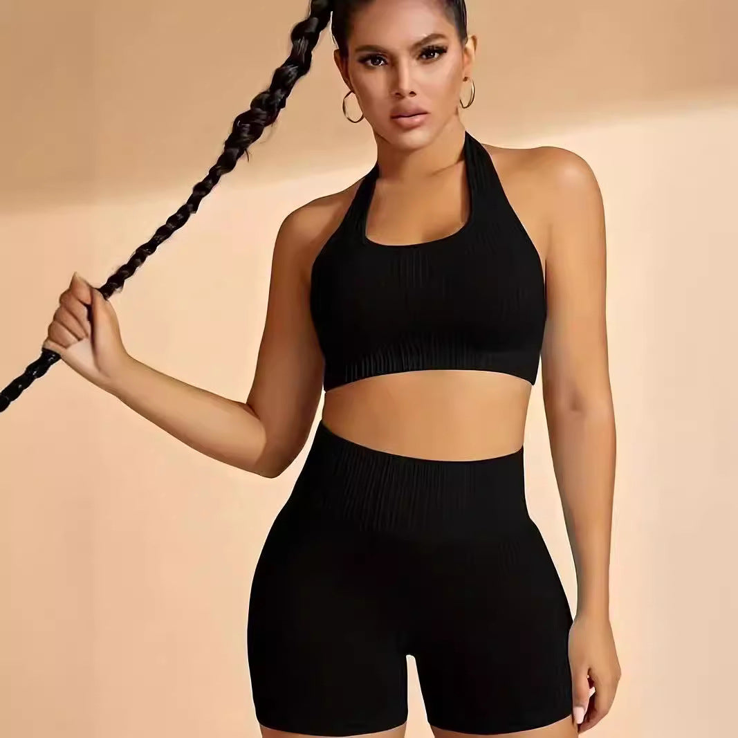 Seamless Knitted Beauty Back Sling Halter Bra Shorts Two-piece Set