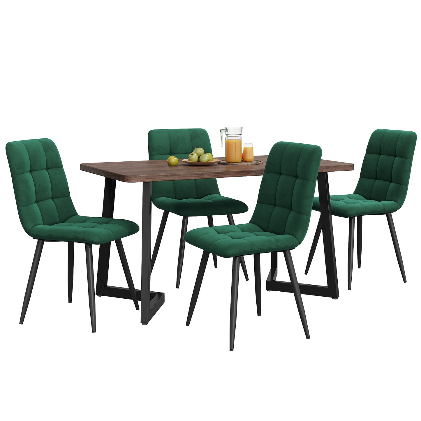 5-Piece Dining Set Table And 4 Chairs, Modern Kitchen Table Set, Kitchen Table With Wood Grain Finish And Black Metal Legs, Walnut-Colored MDF Tabletop, Dark Green Velvet Dining Chairs
