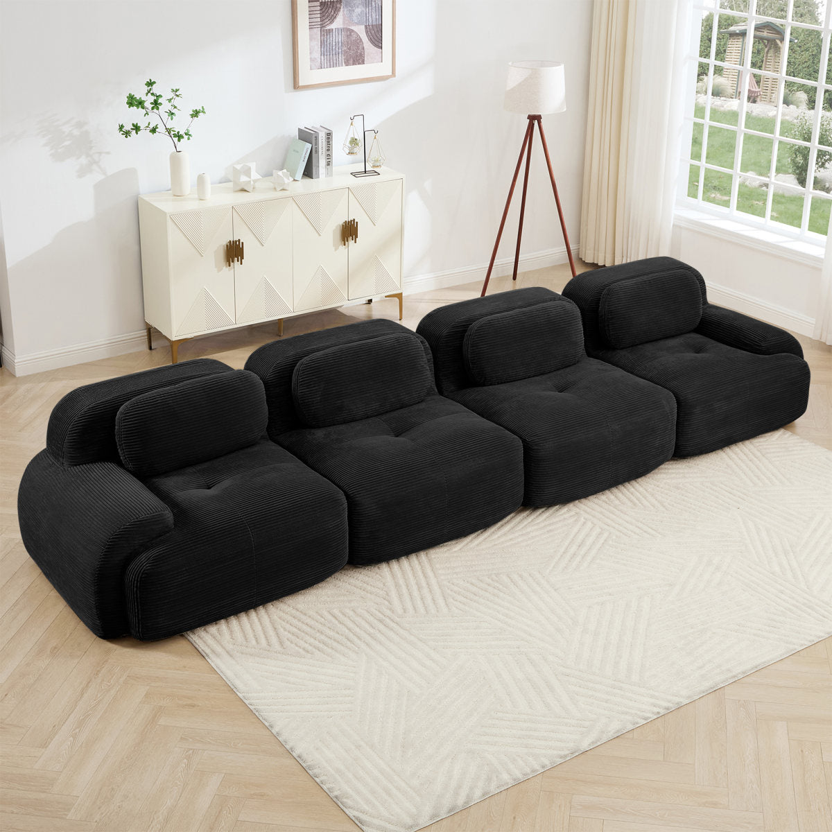 4-seat Sofa Soft Corduroy Fabric 32D High-resilience Sponge Pet-friendly Ergonomic Design Full Compression Vacuum Packaging Free Combination No Assembly For Bedrooms Studies,Black