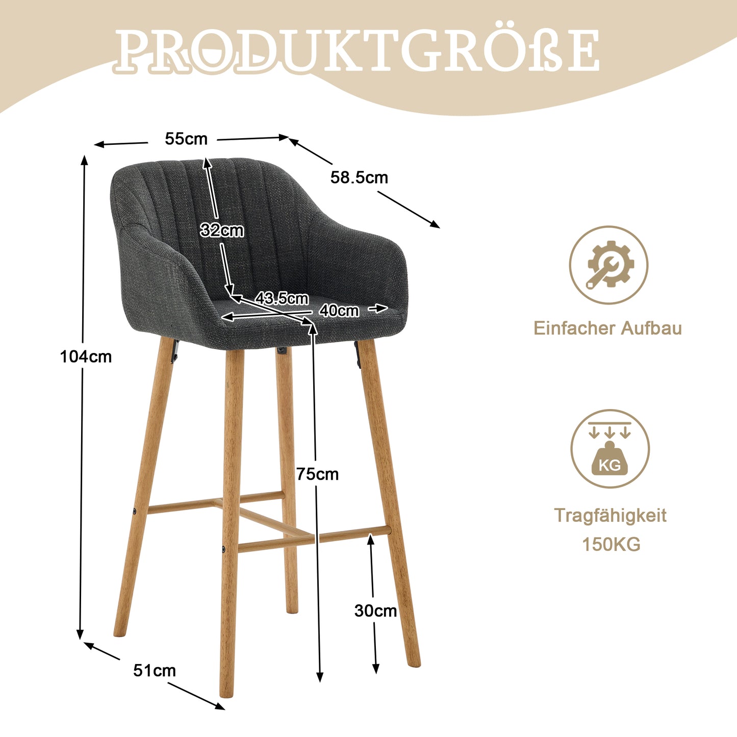 Modern European-style Bar Stools With High Backrest And Armrests, Linen-covered Seats And Wooden Legs. Suitable For Kitchens, Kitchen Islands. Set Of Two Bar Stools Black Linen