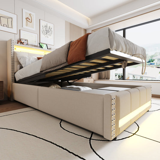 Upholstered Bed Cot 90x200cm With LED Lighting And USB Socket, Headboard With Shelves And Storage Space, With Hydraulics For Storage, Single Bed, Linen Fabric Beige