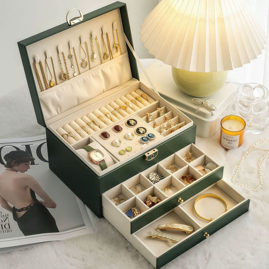 Large Capacity Jewelry Box Leather Three-Tier Drawer Accessories Storage Box Gold Jewelry Necklace Earring Bracelet Storage Box