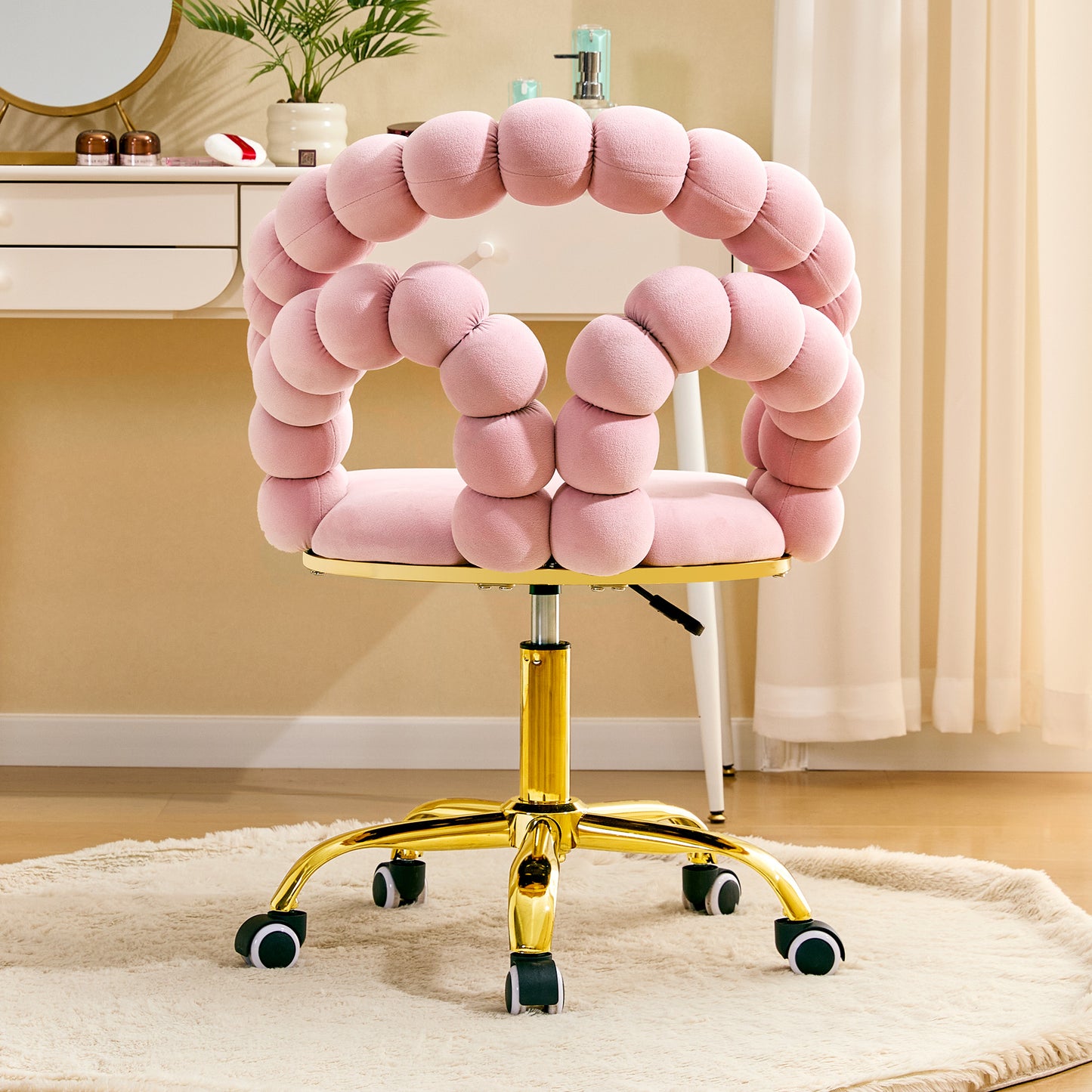 Velvet Bubble Vanity Chair With Gold Base, 360 Swivel Height Adjustable Ergonomic Accent Chair, Cute Rolling Desk Chair For Bedroom, Makeup Vanity, Home Office