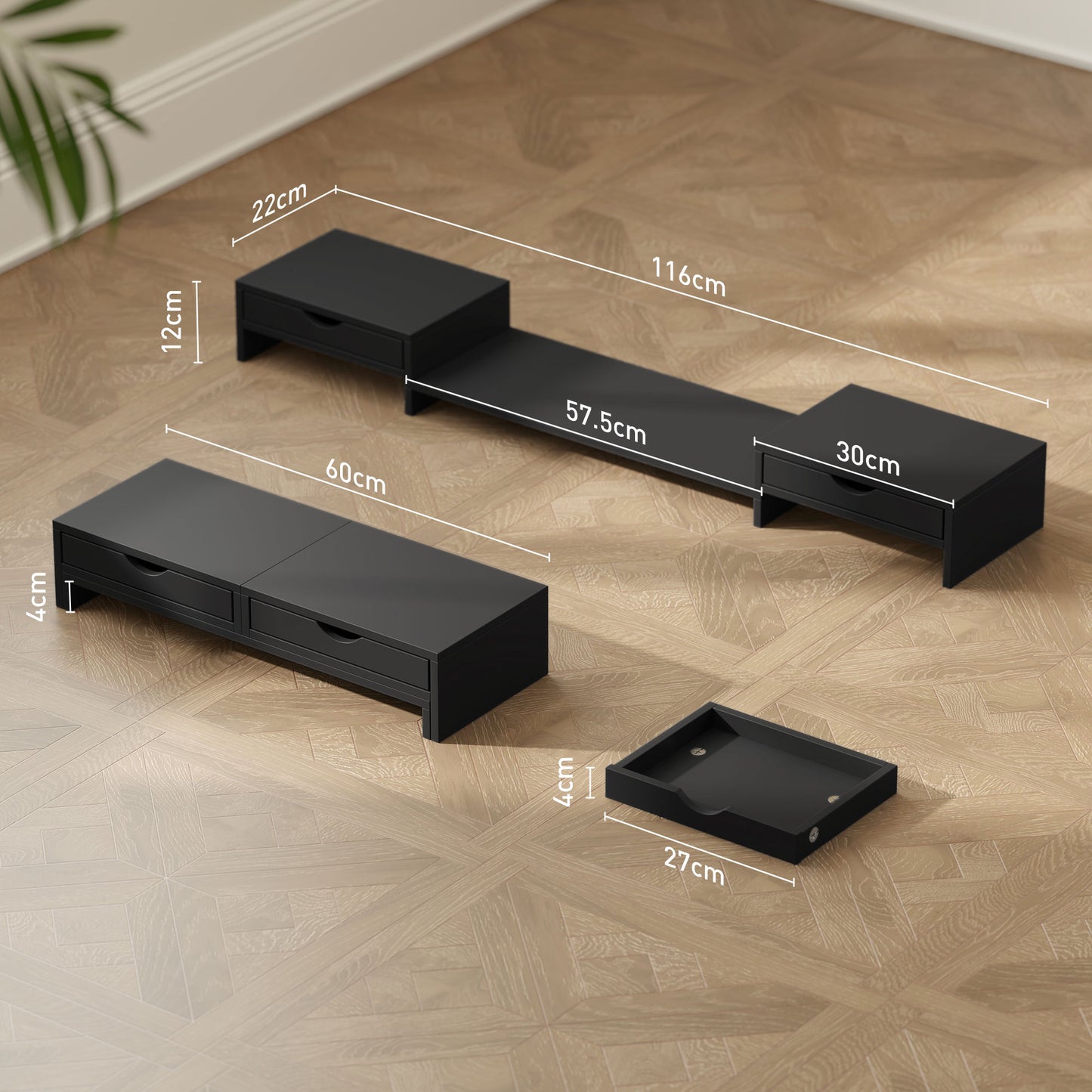 Dual Monitor Stand Riser With 2 Drawers, Adjustable Length And Angle, 116cm Monitor Riser For Laptop, Computer, PC, Small Printer, Black