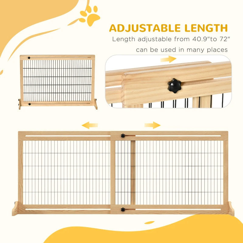 Extra Wide Freestanding Pet Gate With Adjustable Length Dog, Cat, Barrier For House, Doorway, Hallway, Natural