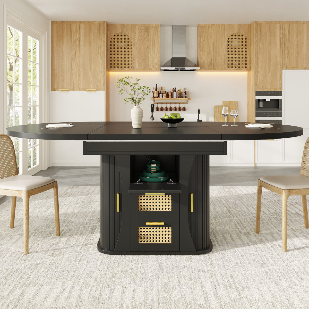 Extendable Dining Table With Storage, 118-158cm Table With Rattan Drawers, MDF Wood Look, Black  Natural Wood  Oak Look