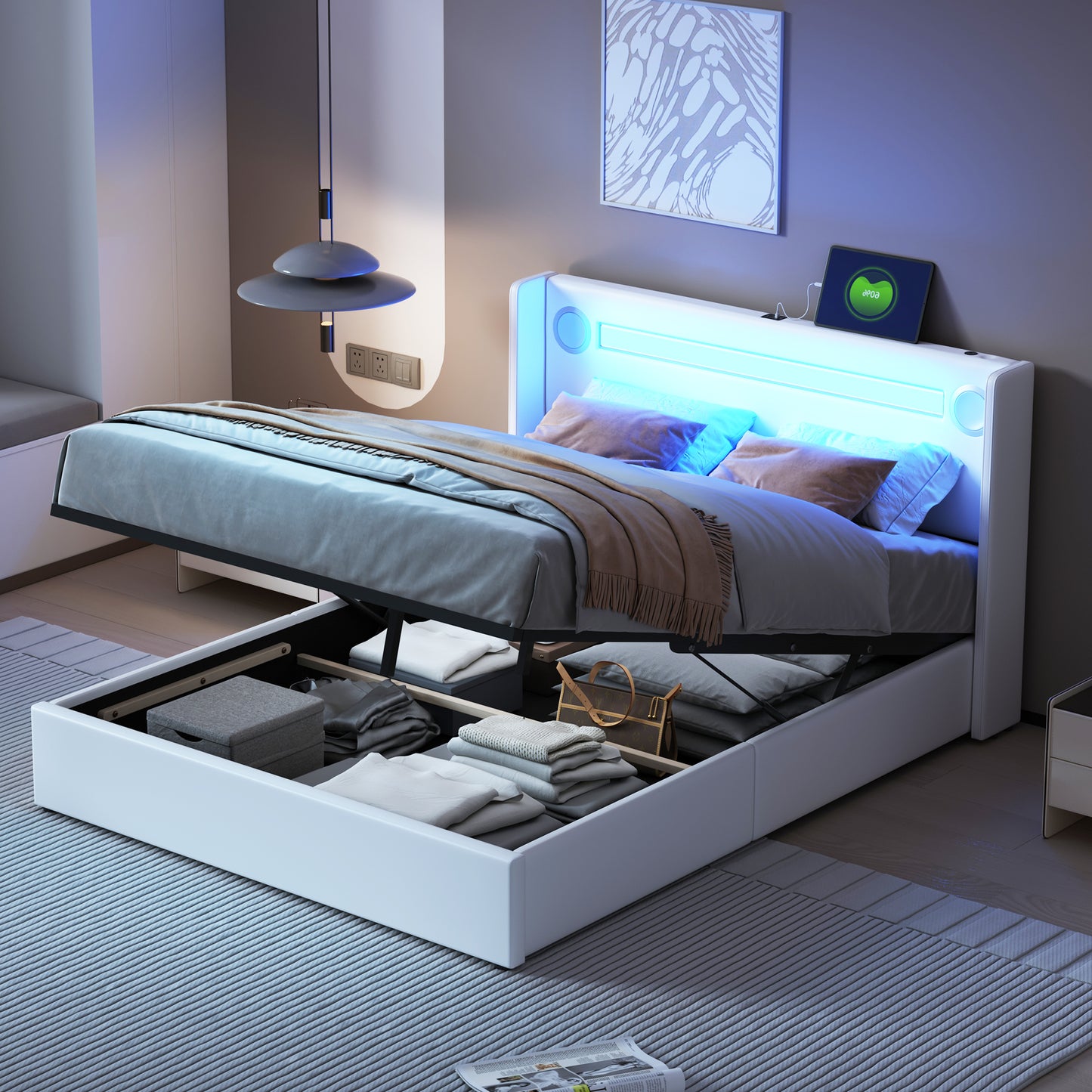 Upholstered Bed 140x200 Bed With LED Light Strip, Bluetooth Player And USB Charging, Storage Bed Made Of PU Leather, Loft Bed Box, Double Bed With Slatted Base White