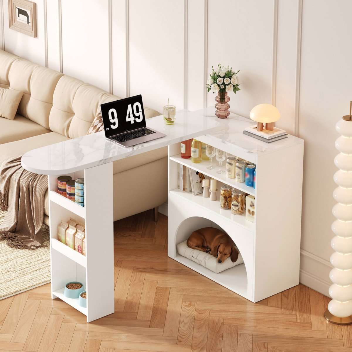 Modern Extendable Counter Table & Dining Table, Swivel High Small Counter Table  With Pet Area, Without Pet Food Plate & Pet Cushion, White, Marble Look Table Top, 120-80x40x100 Cm