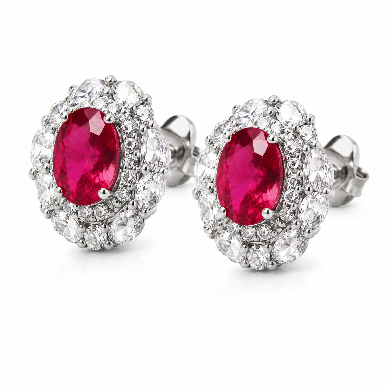 Oval Cut Hot  Ruby CZ Double Halo Stud Earrings For Women, Copper Silver Plated Pear & Round White Crystal Vintage Bridal Wedding Statement Jewelry Gift