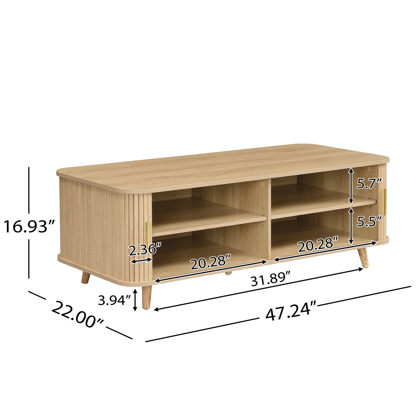 Modern Mid-Century Coffee Table With Storage Natural Wood Finish, 4 Open Shelves & 2 Doors, For Living Room, Entertainment Center, Home Theater