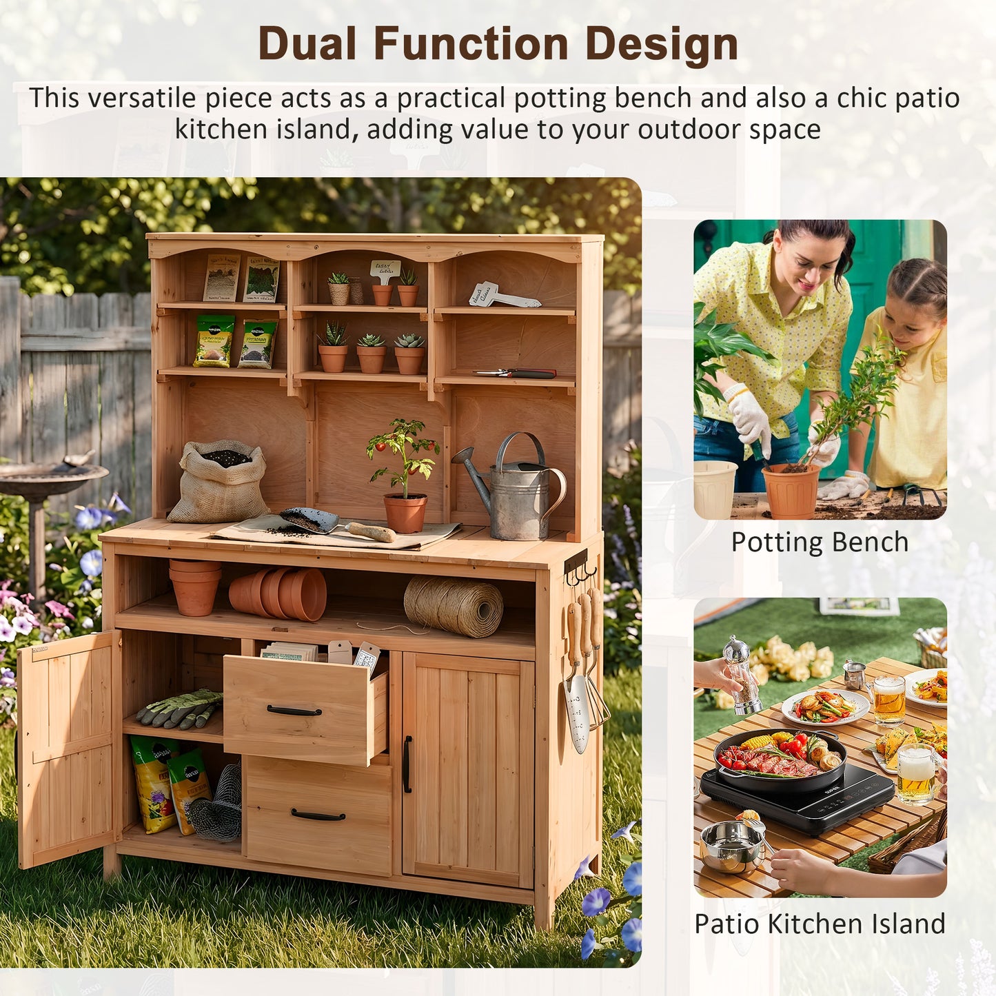With Assembly Video TOPMAx Large Fir Wood Potting Bench 45.3 L Multi- Functional Outdoor Patio Kitchen Island With Hutch  Cabinets Drawers & Hooks  Large Countertop For Gardening  Grill  Natural Wood