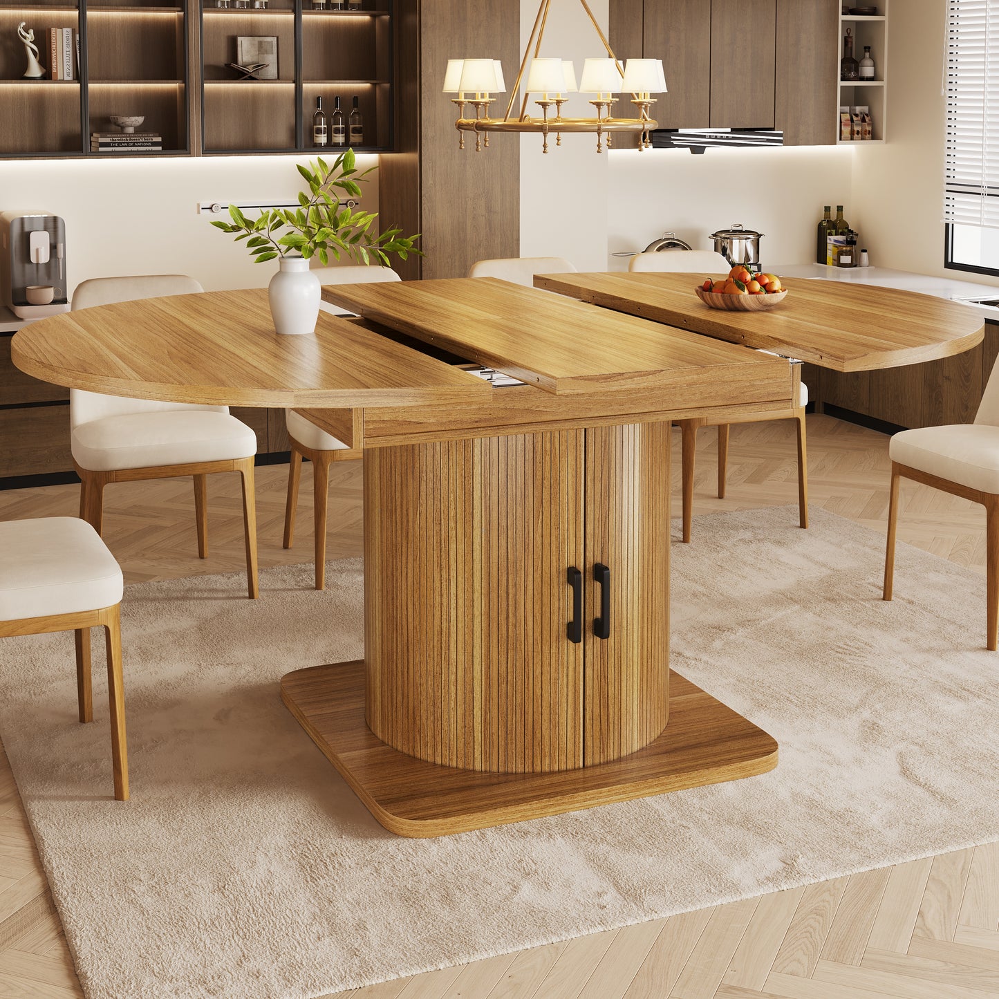 Extendable Dining Table With Storage, Multifunctional Folding Table With Wine Rack, Space-saving Kitchen Table For Small Rooms And Dining Rooms, MDF Tabletop, Natural Brown