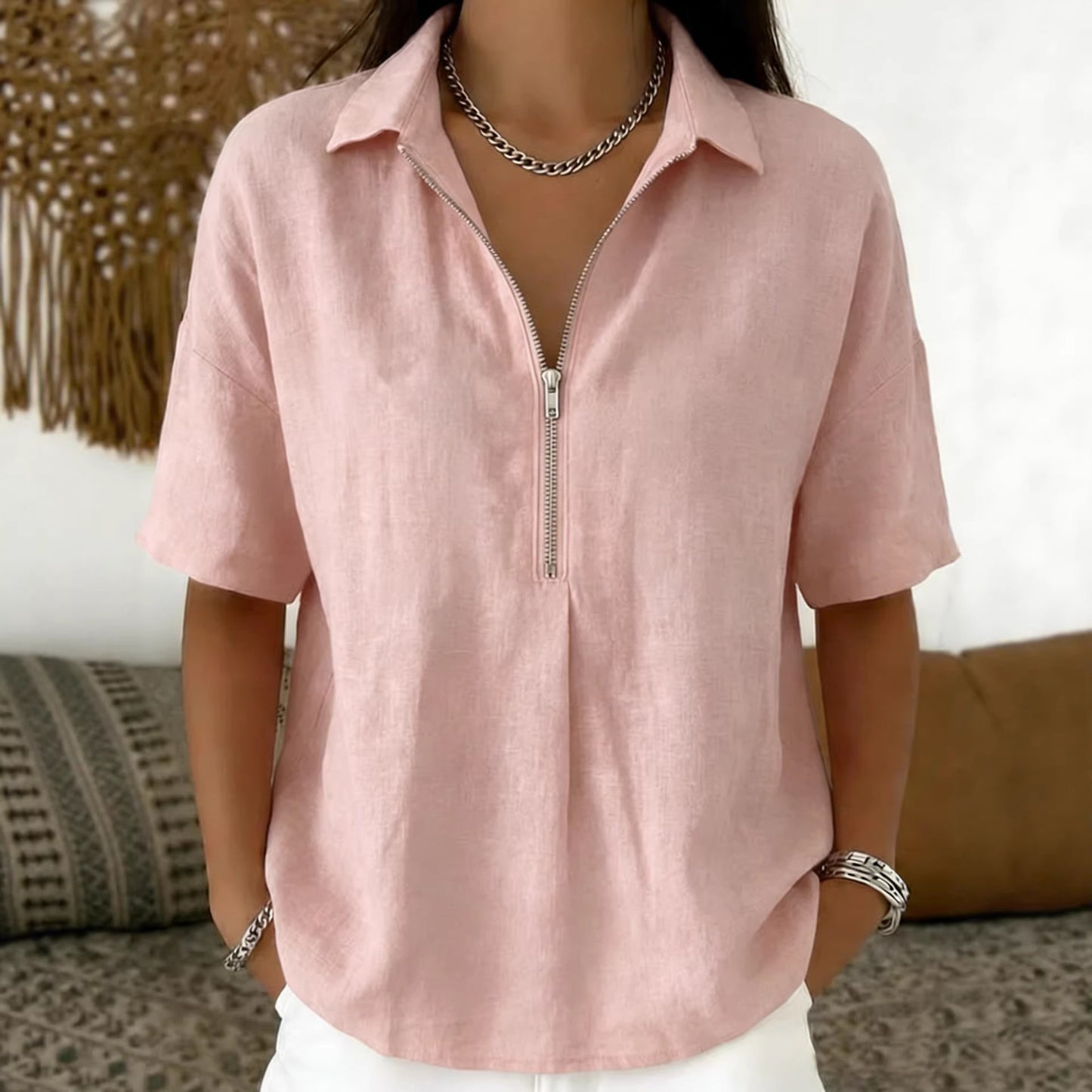 Womens Fashion Solid-color Zip-up Short-sleeve T-shirt