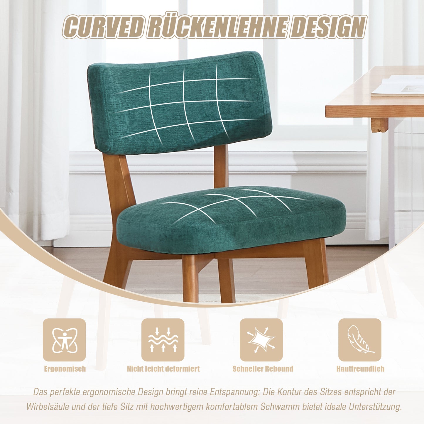 Mid-Century Modern Dining Chair Set Of 2, Solid Wood Legs Fabric Upholstered Seat For Kitchen, Dining Room Or Office Green Linen