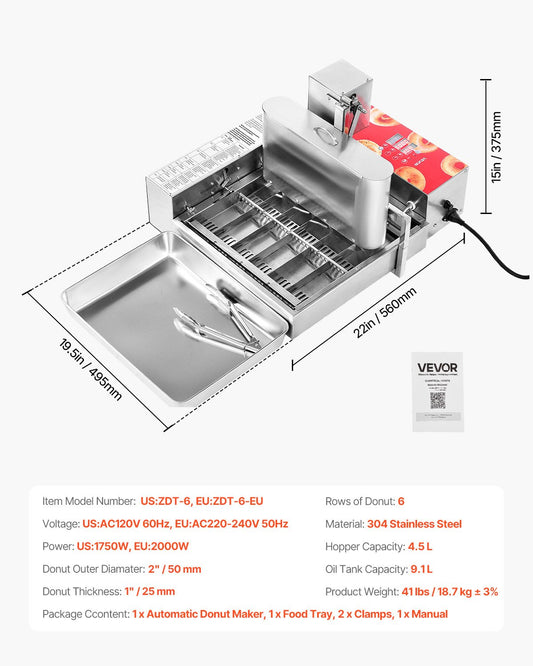Commercial Automatic Donuts Machine, 6 Rows Donuts Making Equipment, 360 Pcs/hour Electric High Power Doughnut Maker, Stainless Steel Frying Auto Fryer, With Intelligent Control