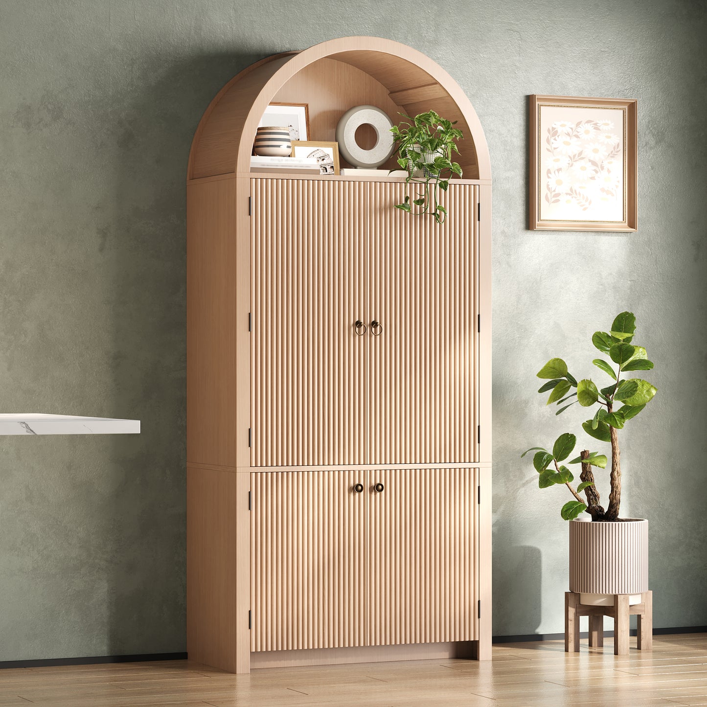 Arched Cabinet 180 X80 X40 Cm, Kitchen Cabinet, Display Cabinet, Wine Cabinet With Door Shelves And Open Upper Compartment, For Kitchen, Dining Room, Living Room, Bedroom, Wood Look