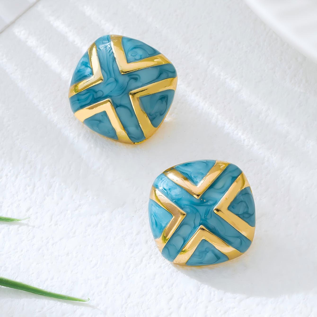 Glaze-Drip Style Light Luxury Blue Square Stud Earrings, Striped Geometric Earrings, Niche Style, Versatile, Exquisite, Gentle Accessories