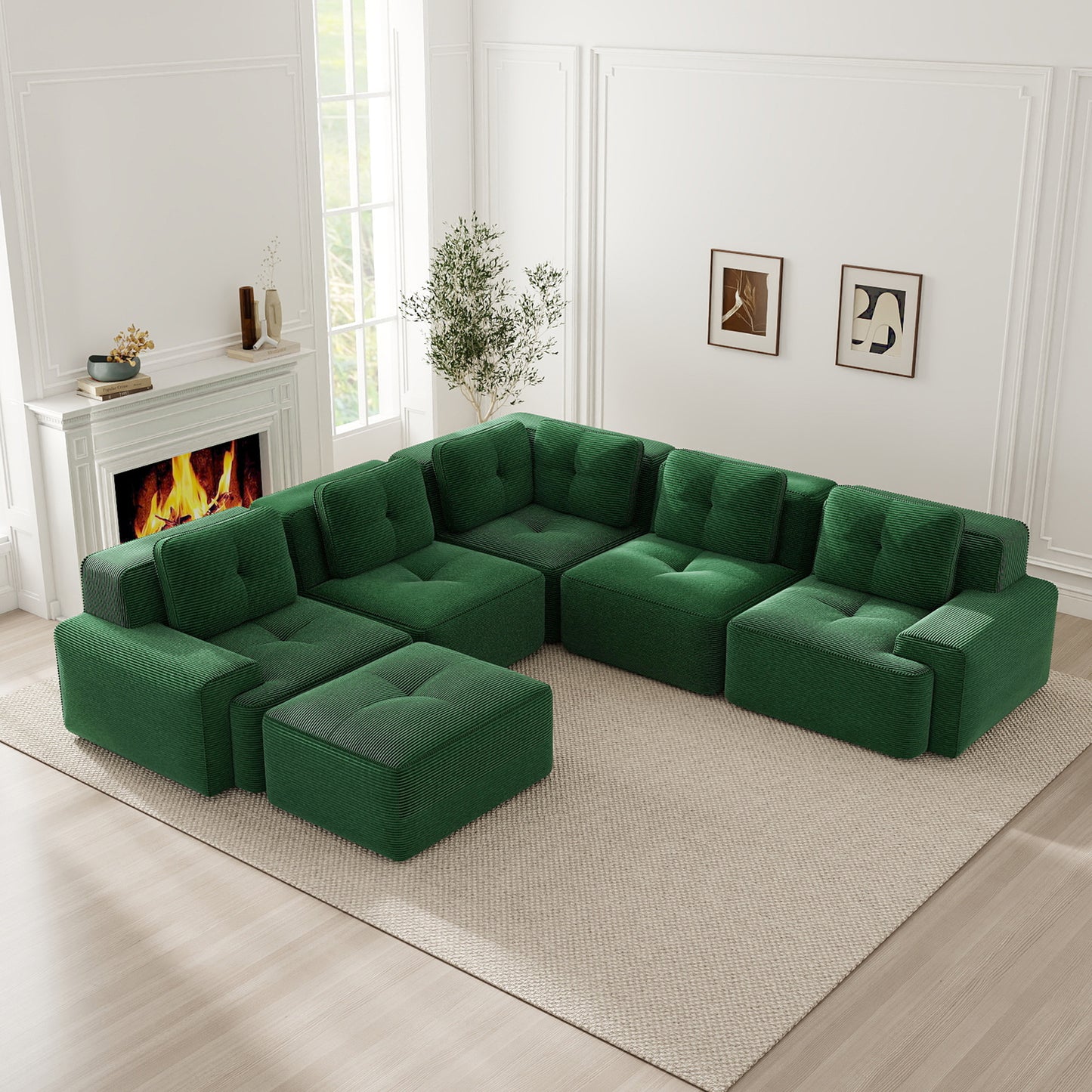 Frameless Sofa For Living Room, Office Sofa, Modular Combination Sofa With Ottoman, Comfortable Upholstered Low Seat Sofa In Corduroy, No Assembly Required, Non-slip Design, Green