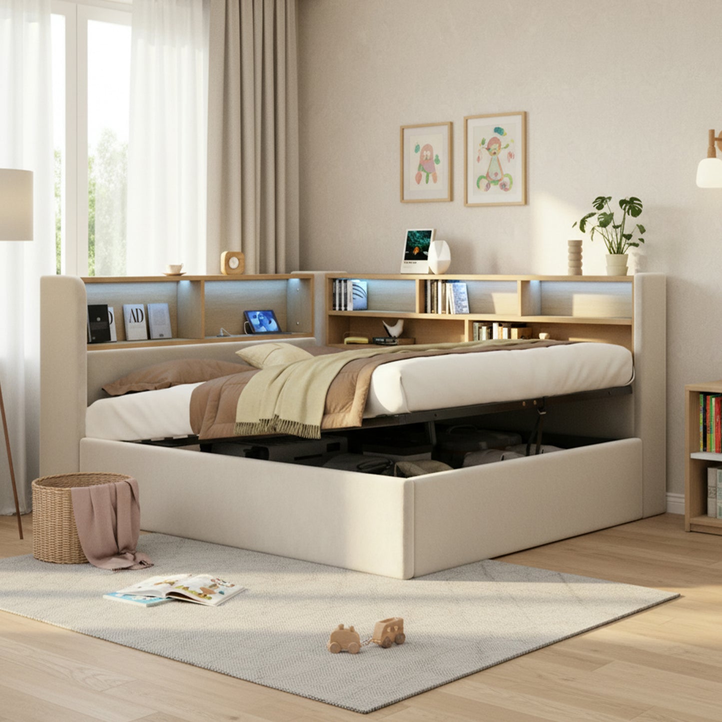 Daybed, L-shaped Upholstered Hydraulic Lift-Up Storage Bed, Sofa Bed With Storage, LED, USB Charging Port, 4FT6 Double Bed 135x190cm, Hydraulic Storage Bed Frame, Velvet, Beige