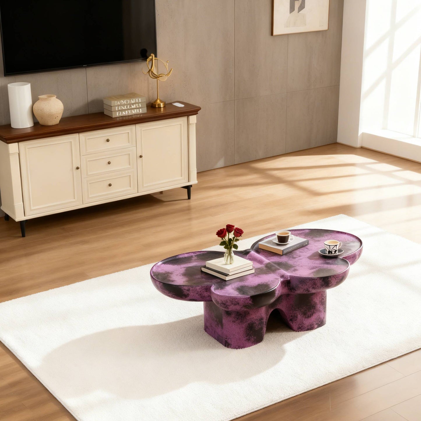 Modern Coffee Table Faux Travertine Textured For Livingroom Office,Purple    Black
