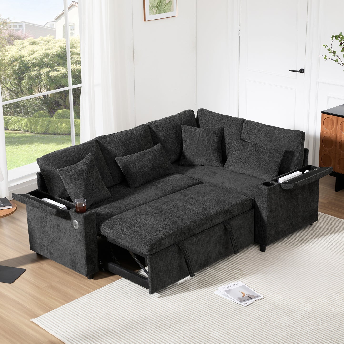 L-shaped Pull-out Corner Sofa, Canape Convertible With Storage, Cup Holder, USB Charging Port, Armrest Rest And Four Cushions. Suitable For Living Rooms, Guest Rooms, Home Theaters And Living Rooms.